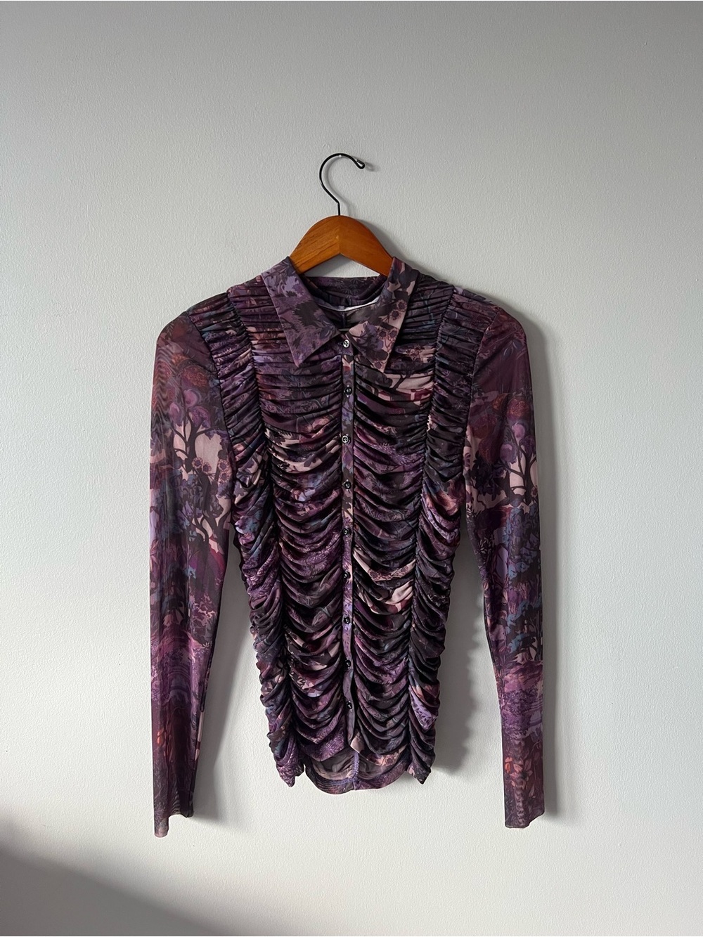 Anthropologie Purple Floral Ruched Button-Up Blouse